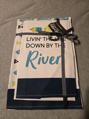 River Print Kitchen Tea Towel Set - Blue, Navy, Lime